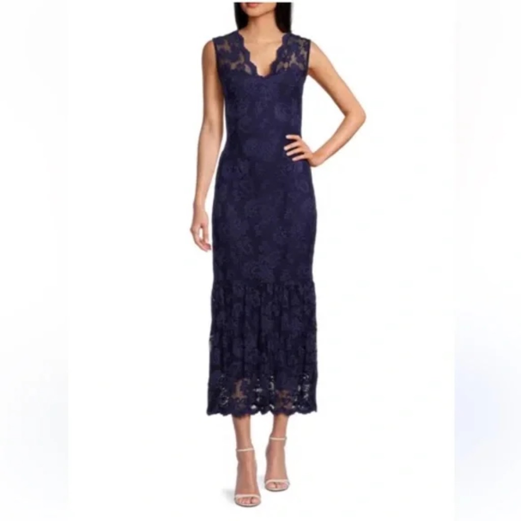 Marina Scallop Lace Sleeveless Midi Dress In Navy - Size M - New